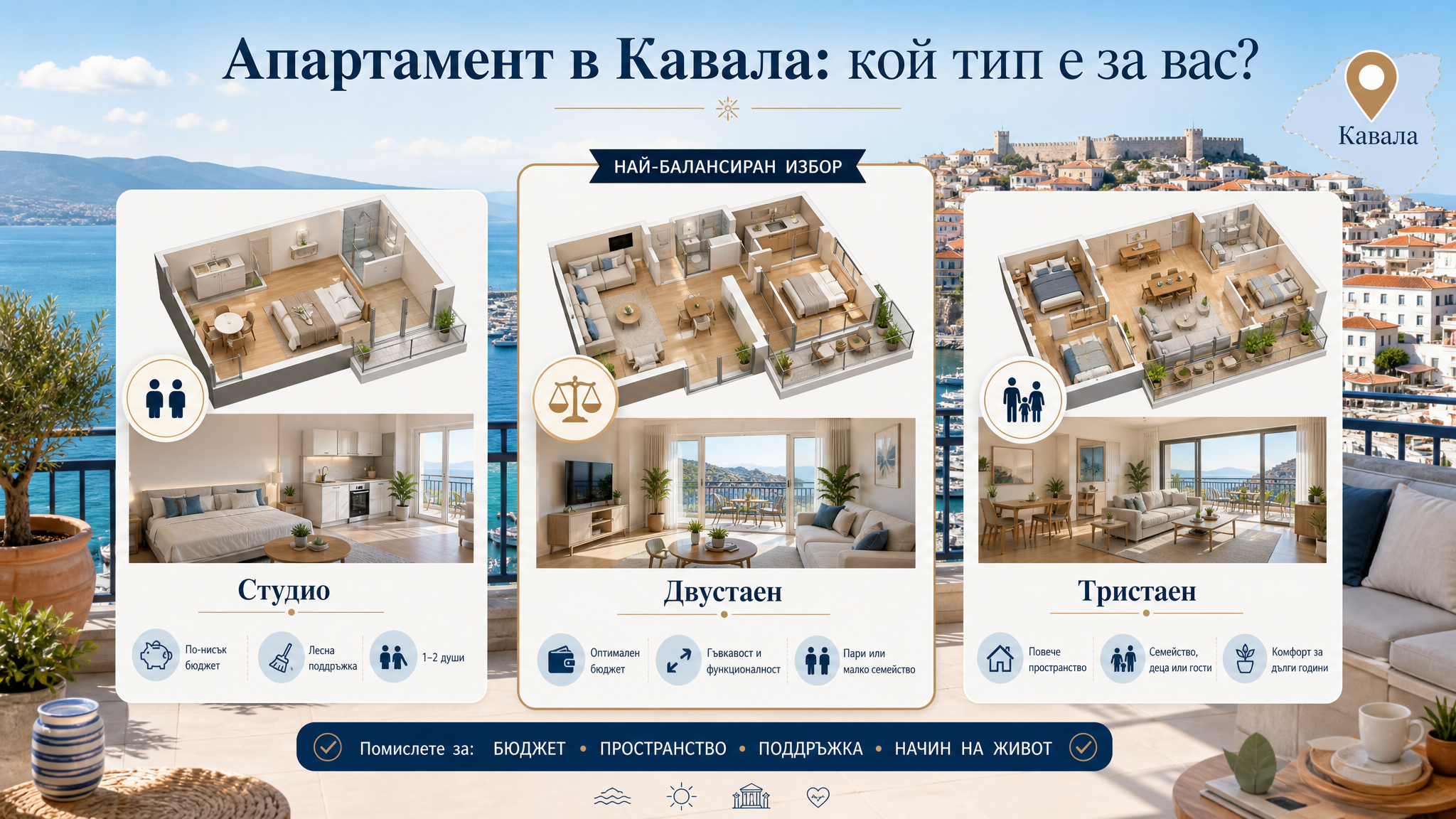 Студио, двустаен или тристаен апартамент в Кавала: кой е най-добрият избор за вас?
