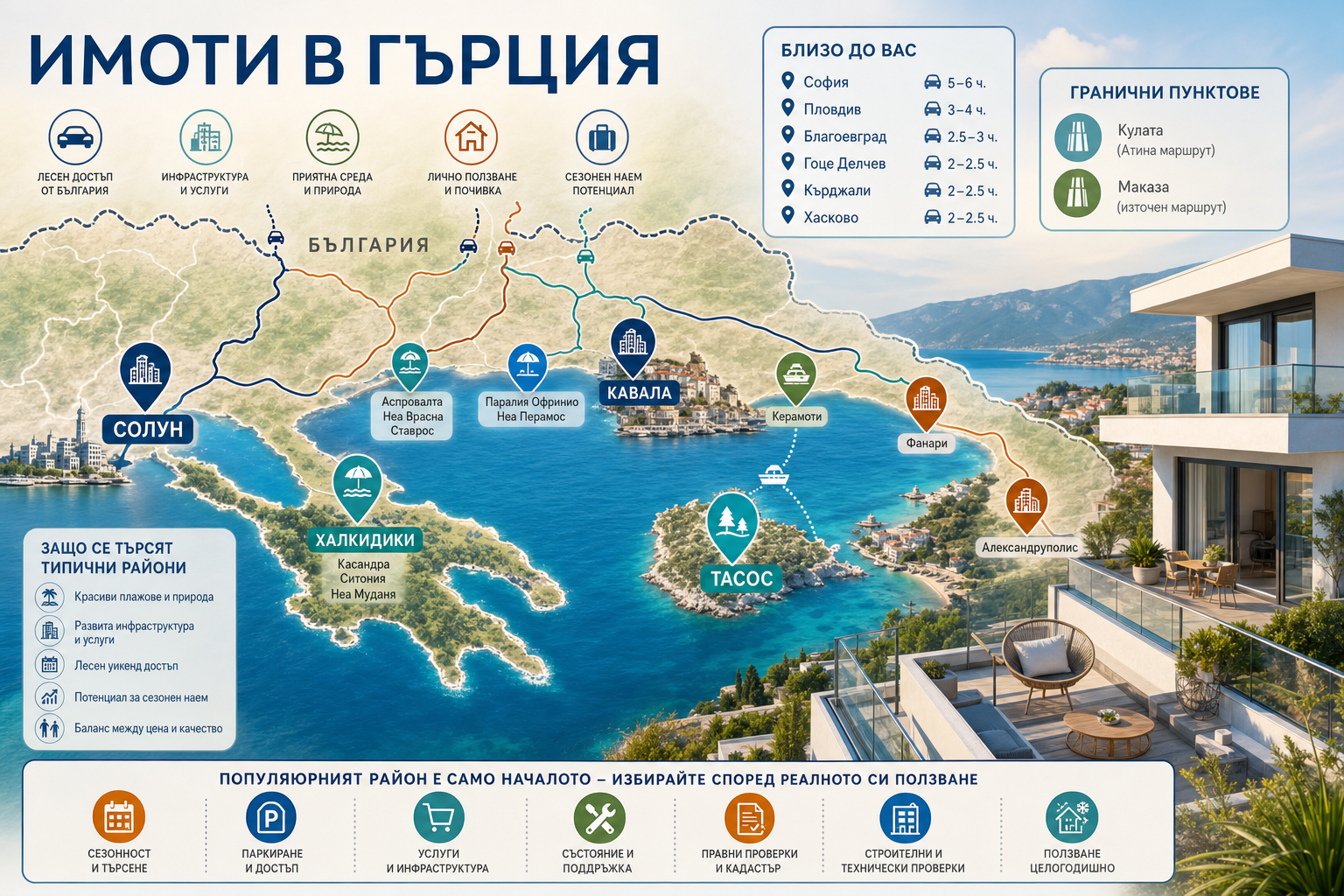 Инфографична карта на популярни райони за имоти в Гърция с морски апартамент и маршрути от България