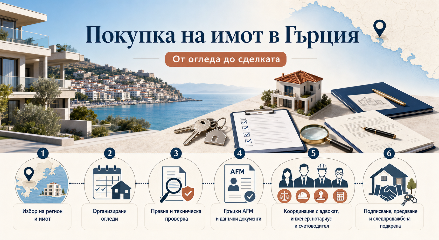Инфографика за покупка на имот в Гърция – от огледа до сделката