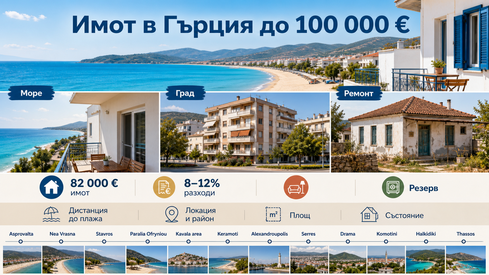 Инфографика за имот в Гърция до 100 000 евро с варианти край морето, в града и за ремонт