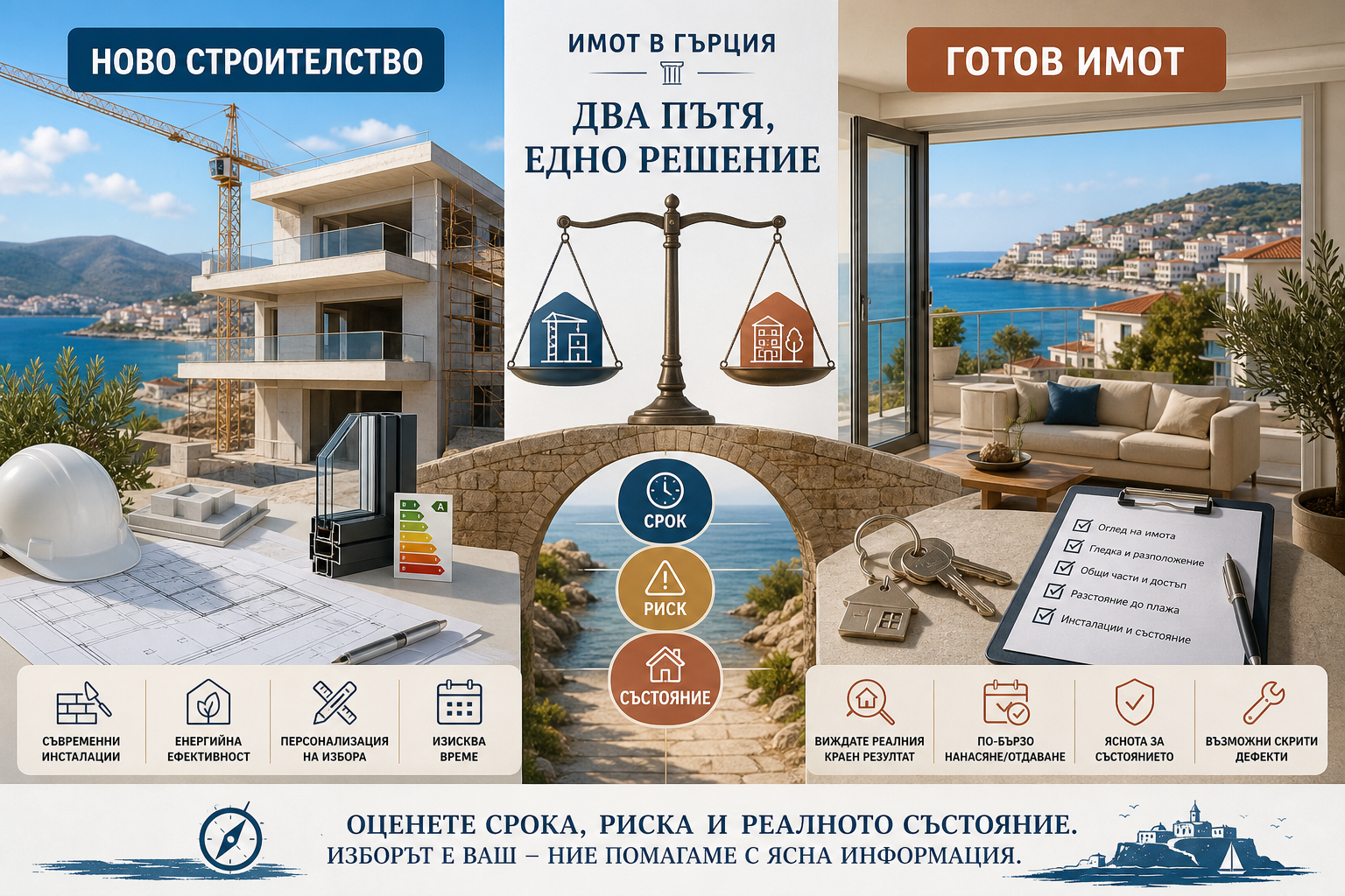 Инфографично сравнение между ново строителство и готов имот в Гърция по срок, риск и състояние