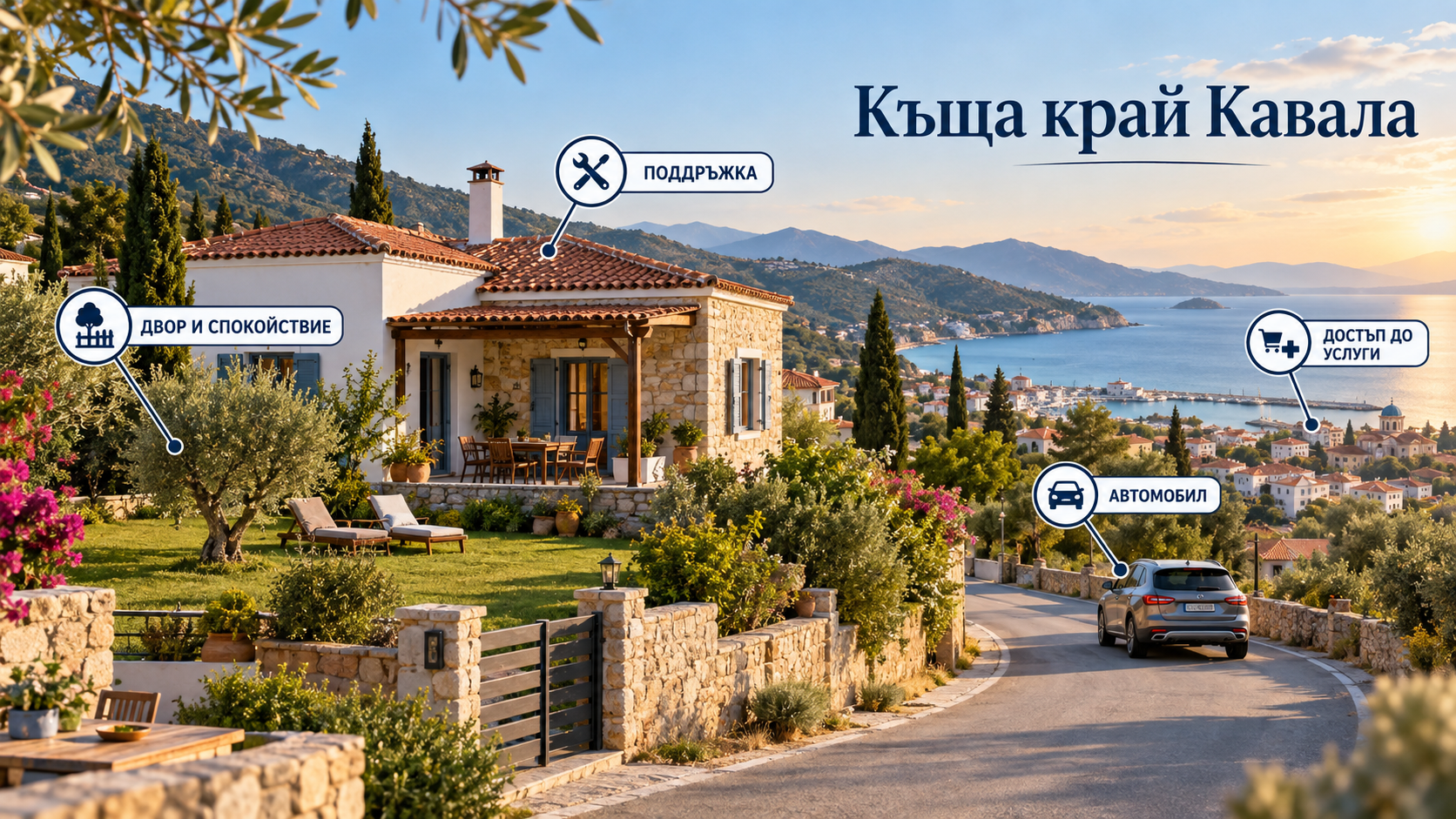 Къща с двор край Кавала, с планини, море, автомобил и визуални указатели за спокойствие, поддръжка и достъп до услуги