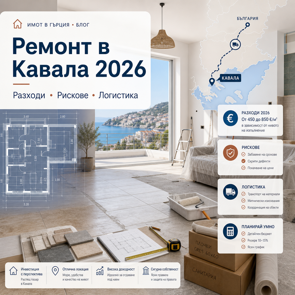 Инфографичен визуален обзор на разходи, рискове и логистика при ремонт на апартамент в Кавала